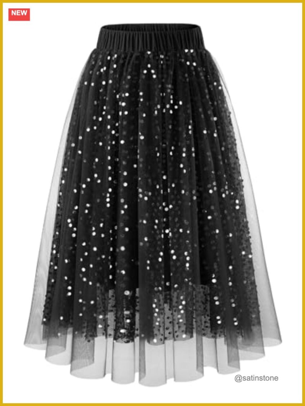 Sequin Tulle Skirt for Women, Elastic High Waist, 3-Layer, Midi Length, Night